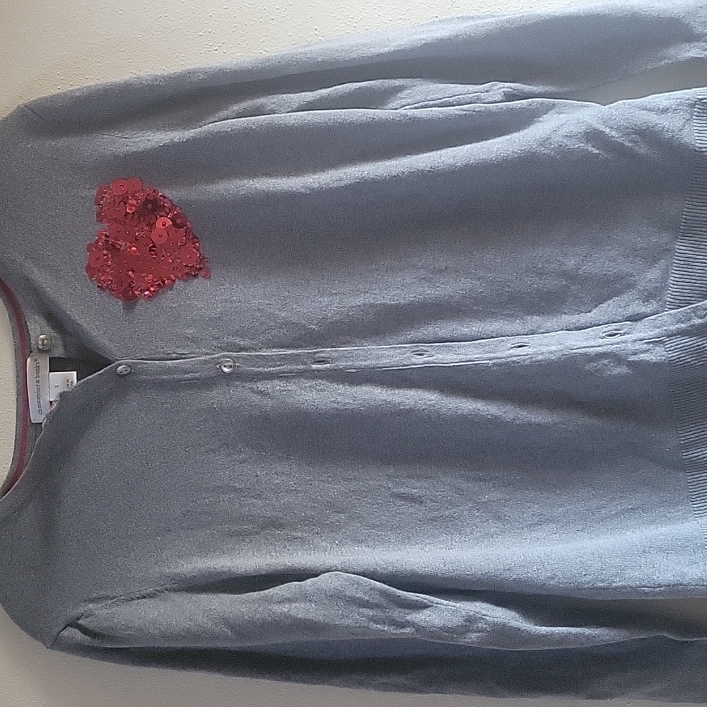 Christopher & Banks Light Gray Cardigan with Red Heart Accent